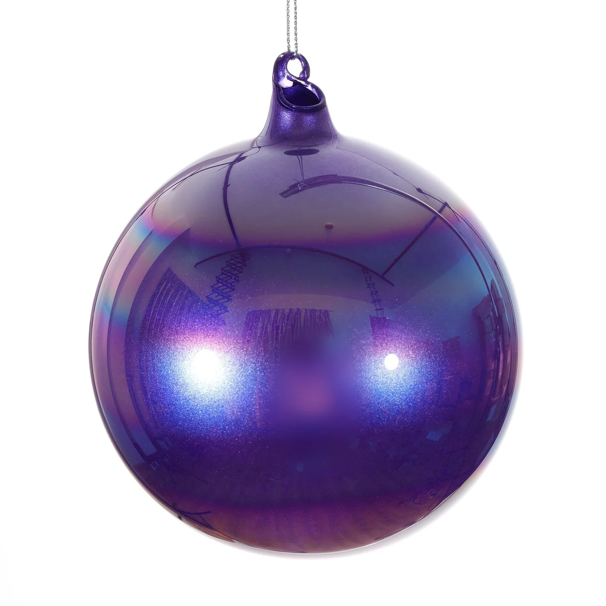 120mm purple pearl glass ball ornament with a lustrous, iridescent finish and silver hanging loop.