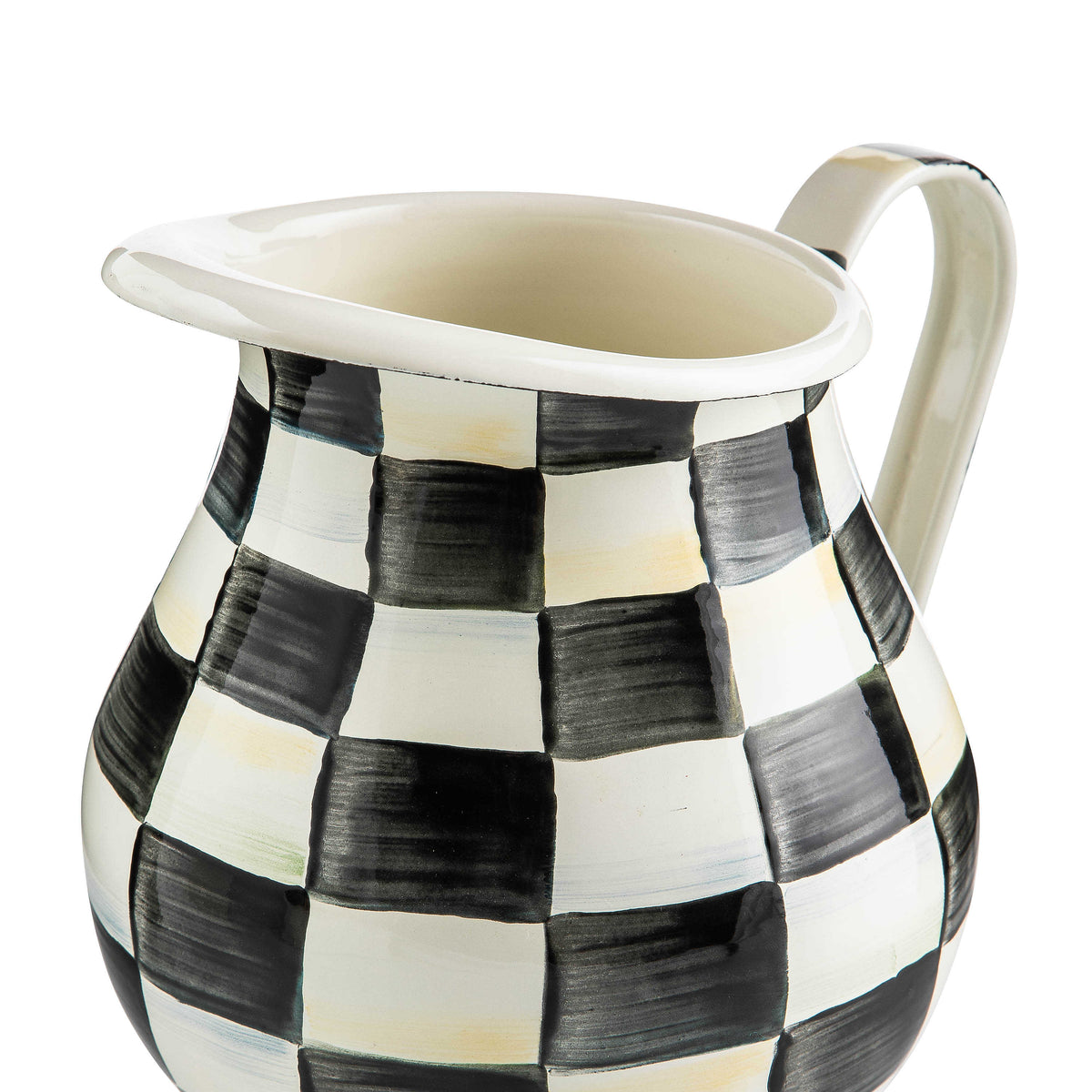 Hand-glazed steel enamel pitcher with Courtly Check floral pattern in blue and white.