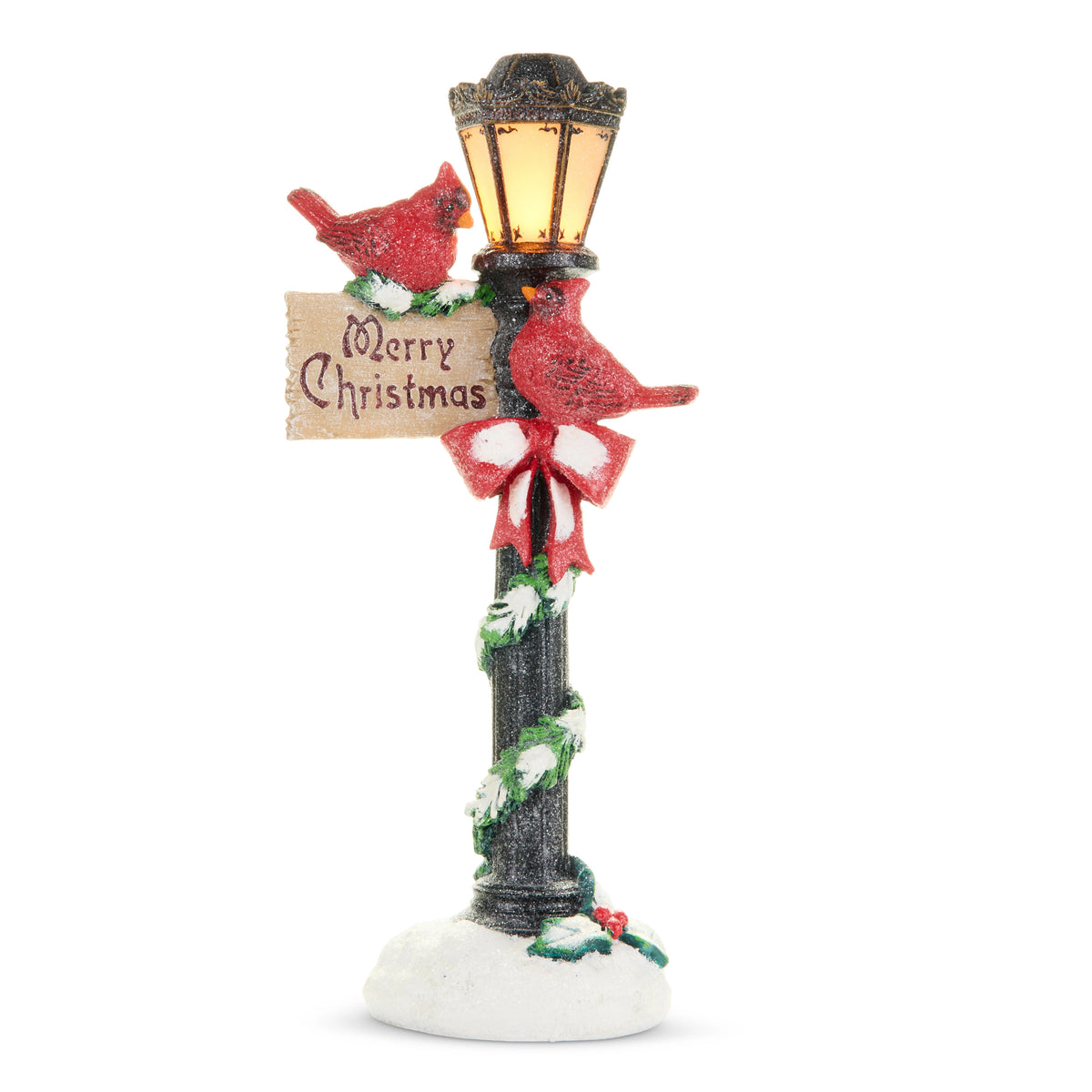 14-inch lighted black lamp post with two red cardinals, a red bow, and a Merry Christmas sign.