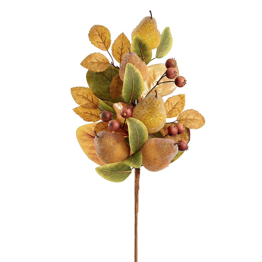 24-inch beaded pear and berry pick with brown and yellow leaves on a single stem.