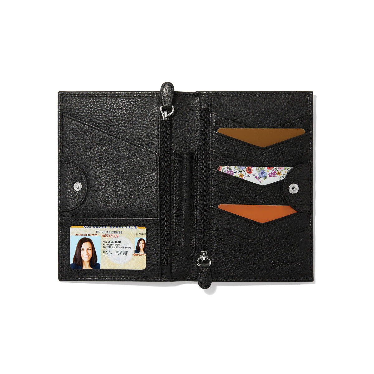 Open black leather Ferrara Medallion Folio Wallet showing card slots, ID window, and zip pockets.