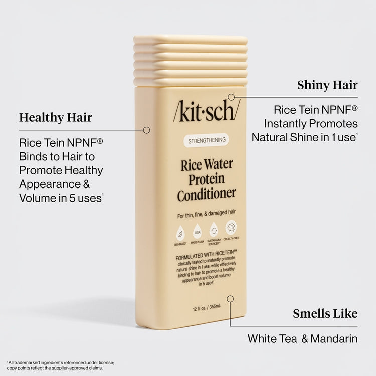 Kitsch Strengthening Rice Water Protein Conditioner bottle with key benefits and scent callouts.