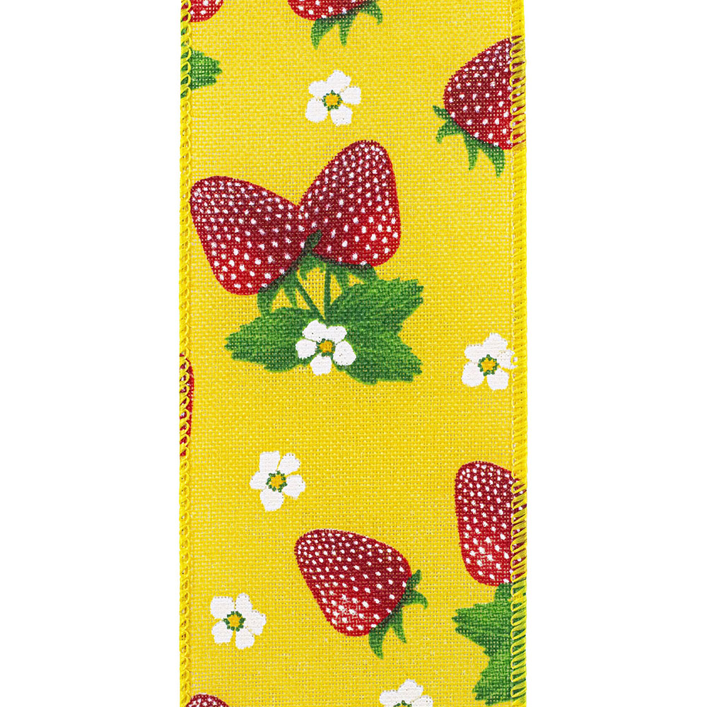 Strawberry & Blossoms wired edge trim in pink floral pattern on white polyester fabric.