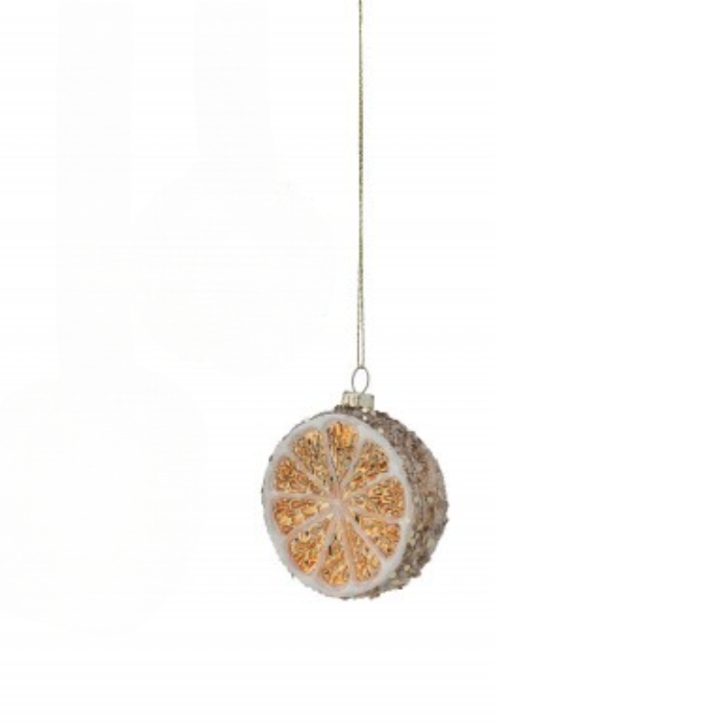 3.5-inch glass sliced orange ornament with glittered rind and gold hanging string.