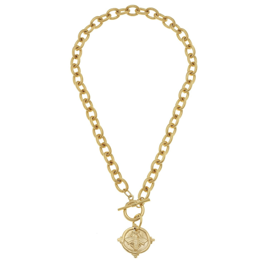 Gold Bee Intaglio Toggle Necklace with a thick textured link chain and a round bee pendant.