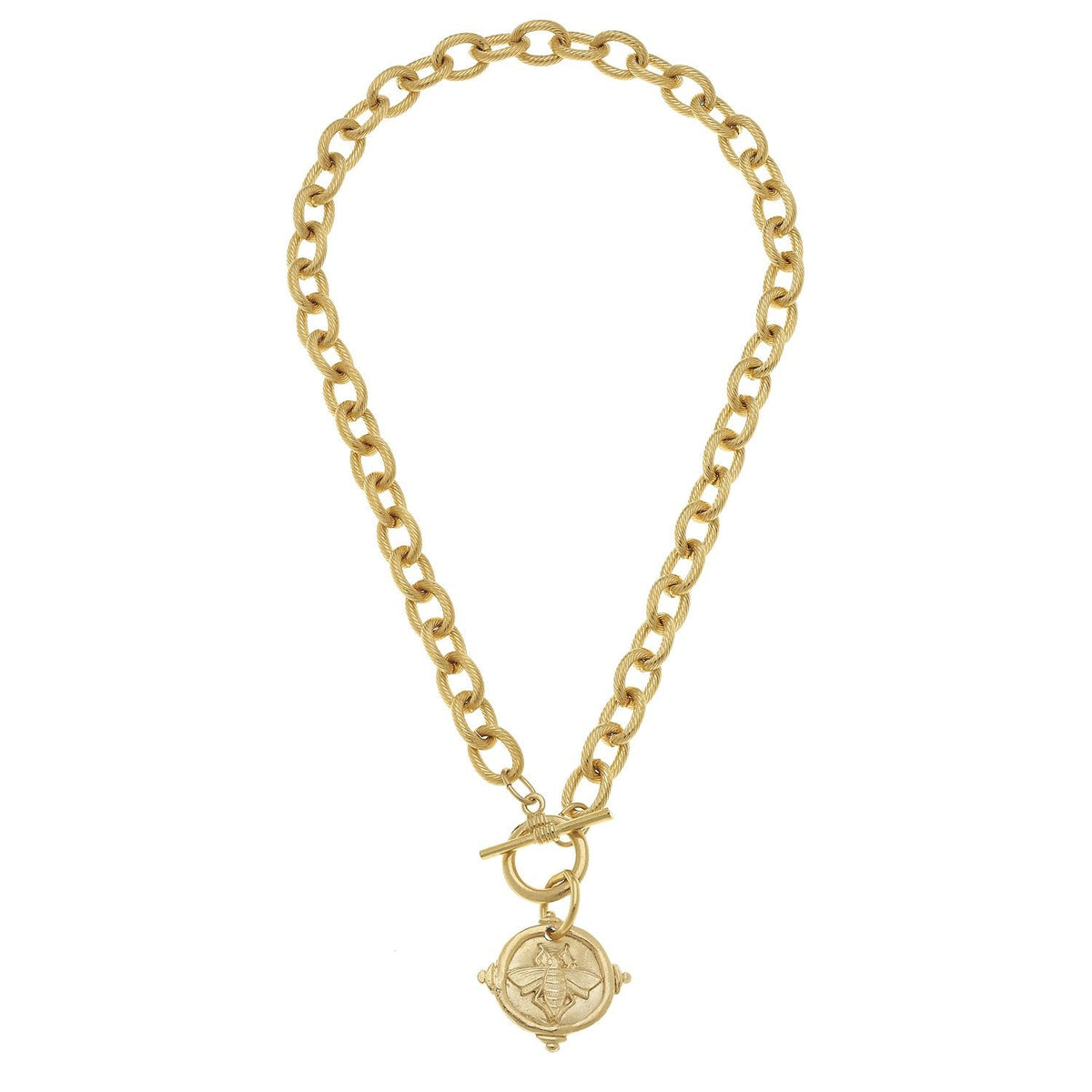 Gold Bee Intaglio Toggle Necklace with a thick textured link chain and a round bee pendant.