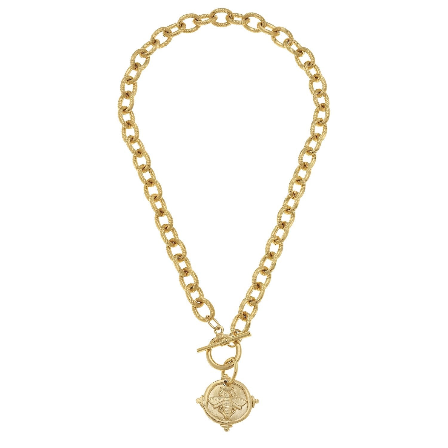 Gold Bee Intaglio Toggle Necklace with a thick textured link chain and a round bee pendant.