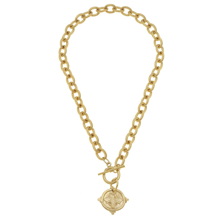 Gold Bee Intaglio Toggle Necklace with a thick textured link chain and a round bee pendant.