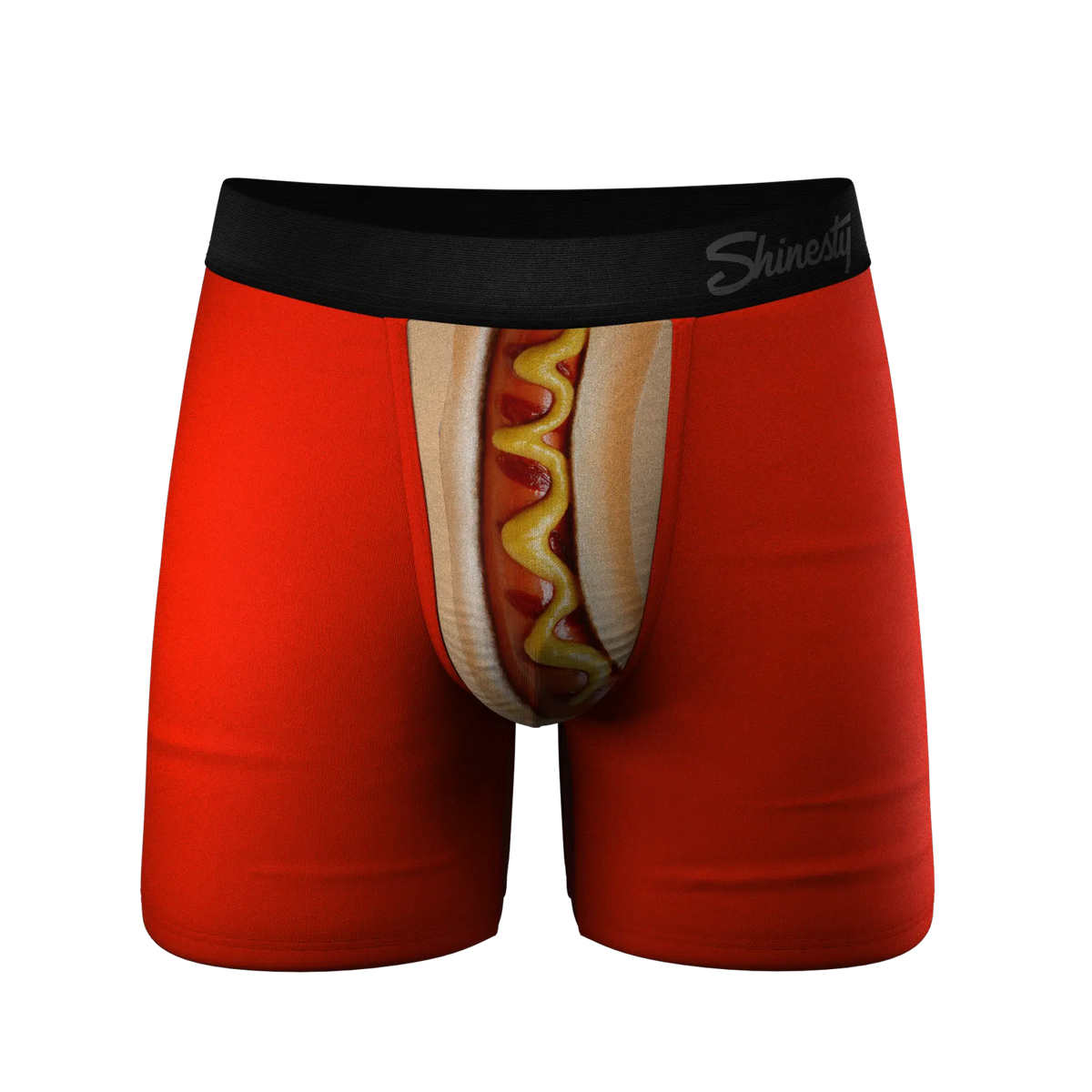 Red hammock pouch boxer briefs with a hot dog graphic on the front and black Shinesty waistband.