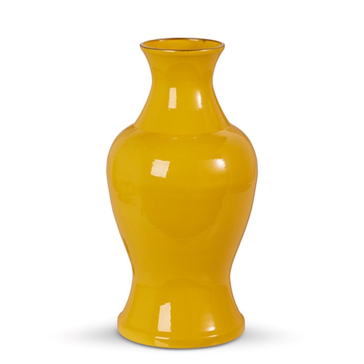 Yellow iron vase with a cylindrical shape measuring 6.5 inches wide by 12 inches tall.