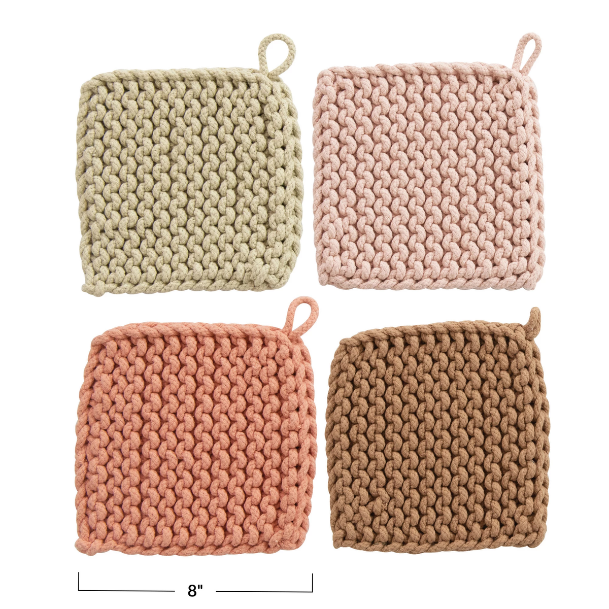 Set of four 8-inch square cotton crocheted potholders in sage, pink, coral, and brown.