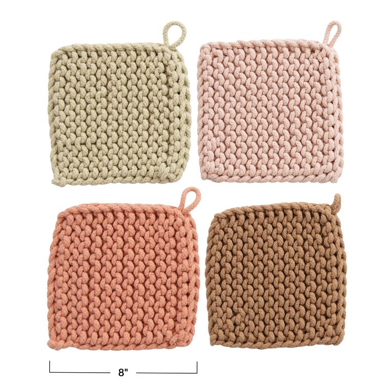 Set of four 8-inch square cotton crocheted potholders in sage, pink, coral, and brown.