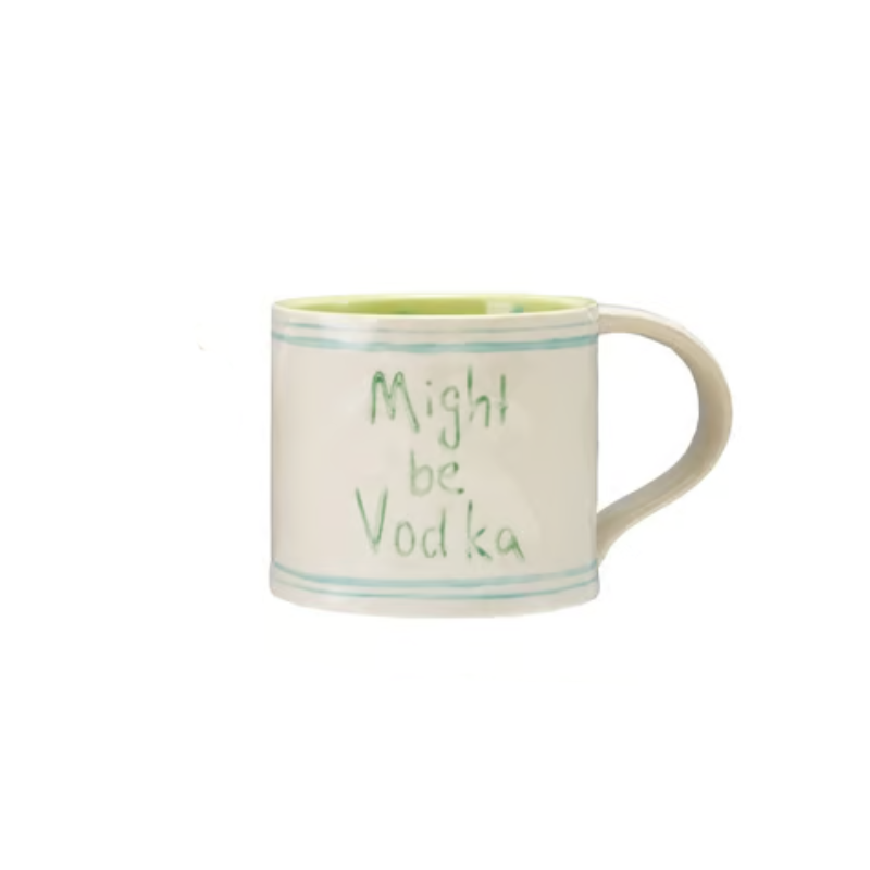 Hand-painted stoneware mug with light blue stripes and green text reading "Might be Vodka".
