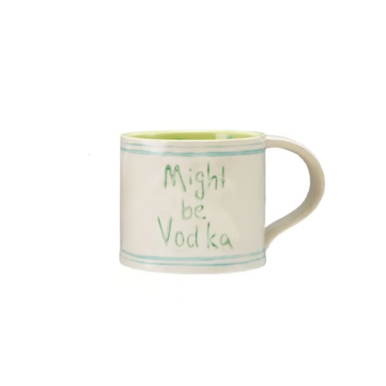 Hand-painted stoneware mug with light blue stripes and green text reading "Might be Vodka".