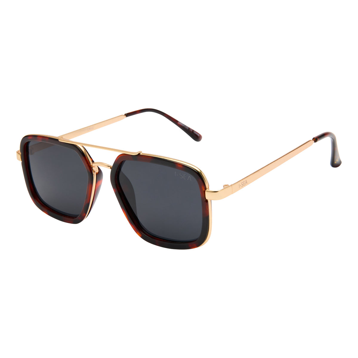 Cruz square aviator sunglasses with tortoise shell frames, gold metal trim, and smoke grey lenses.