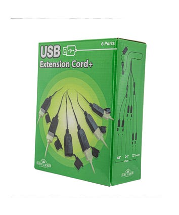 Black USB extension cord with six additional power outlets on a 67-inch lead wire.
