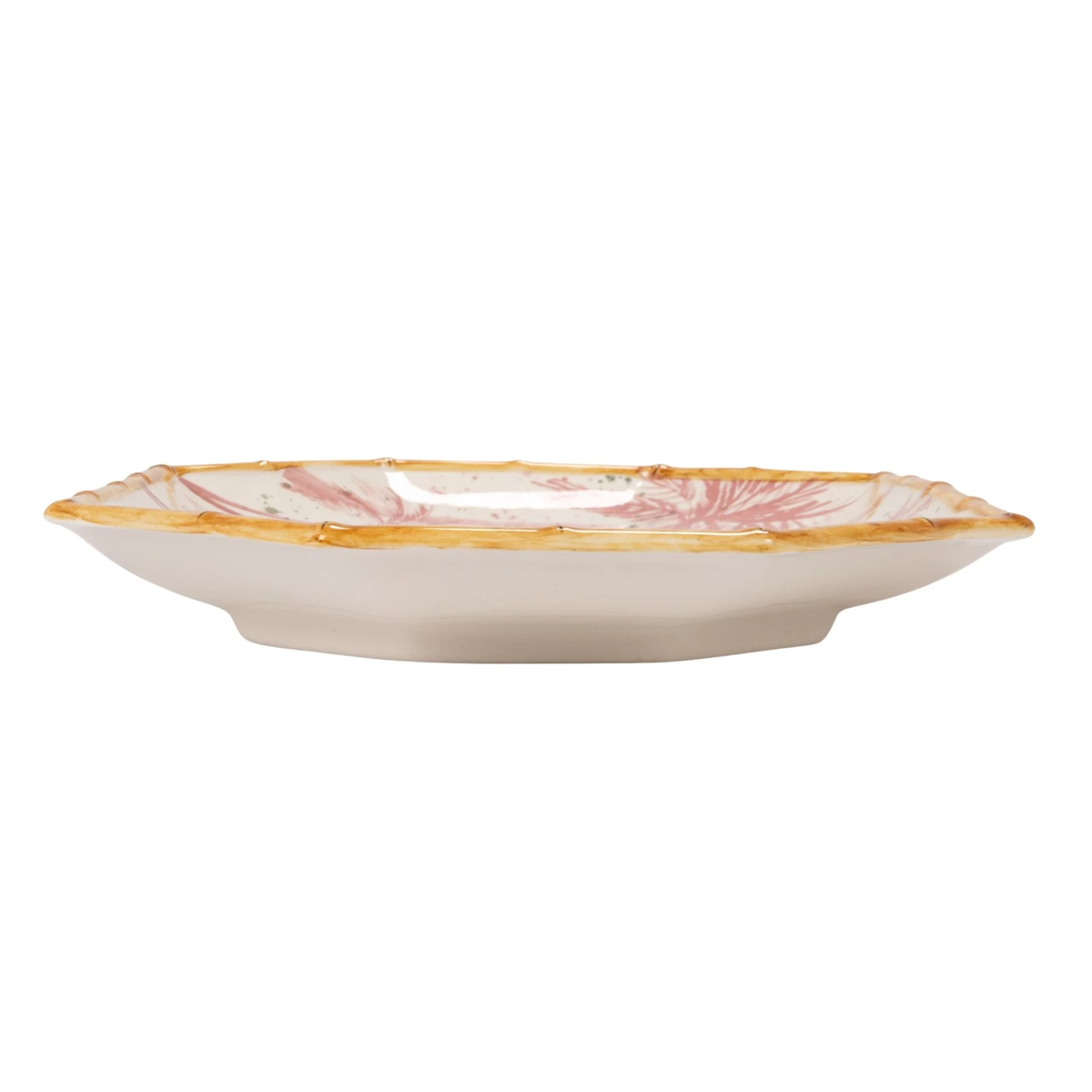 Hand-painted stoneware octagon platter featuring a palm tree pattern in earth tones.