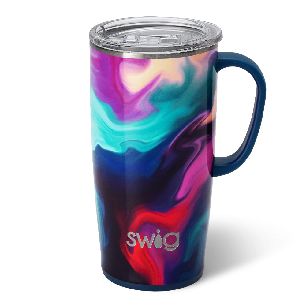 Silver stainless steel travel mug with a slim metal handle and large BPA-free lid.