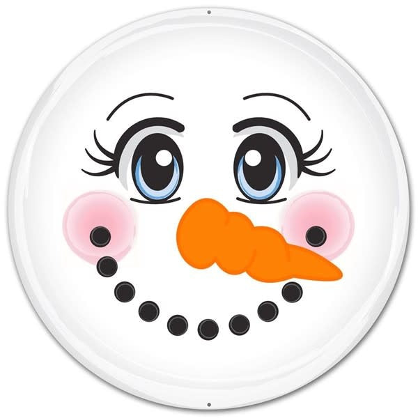 12-inch round metal snowman face sign with blue eyes, carrot nose, and rosy cheeks.