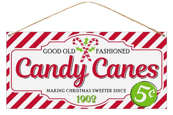 Rectangular tin sign with red and white diagonal stripes, featuring Candy Canes text and 5 cents.