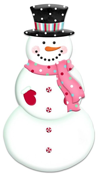 Embossed metal sign of a snowman wearing a polka dot scarf with peppermint buttons and striped hat.