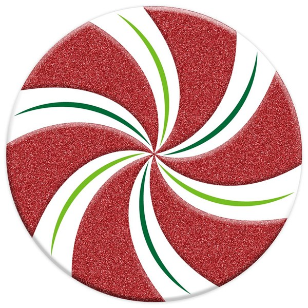 12-inch round embossed metal peppermint candy sign with red and white glitter swirl pattern.