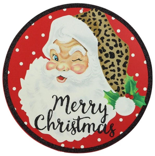 Round metal Merry Christmas sign featuring a winking Santa with a leopard print hat.