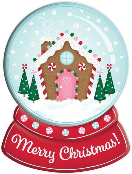 Metal snow globe sign featuring a gingerbread house surrounded by trees with falling snow in red and emerald.