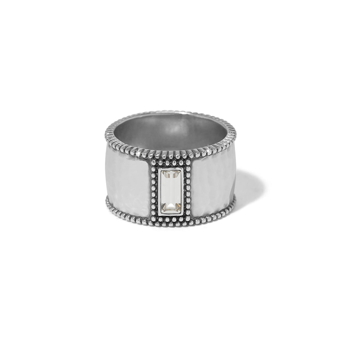 Silver plated wide band ring featuring bold fine quality crystals in a geometric pattern.