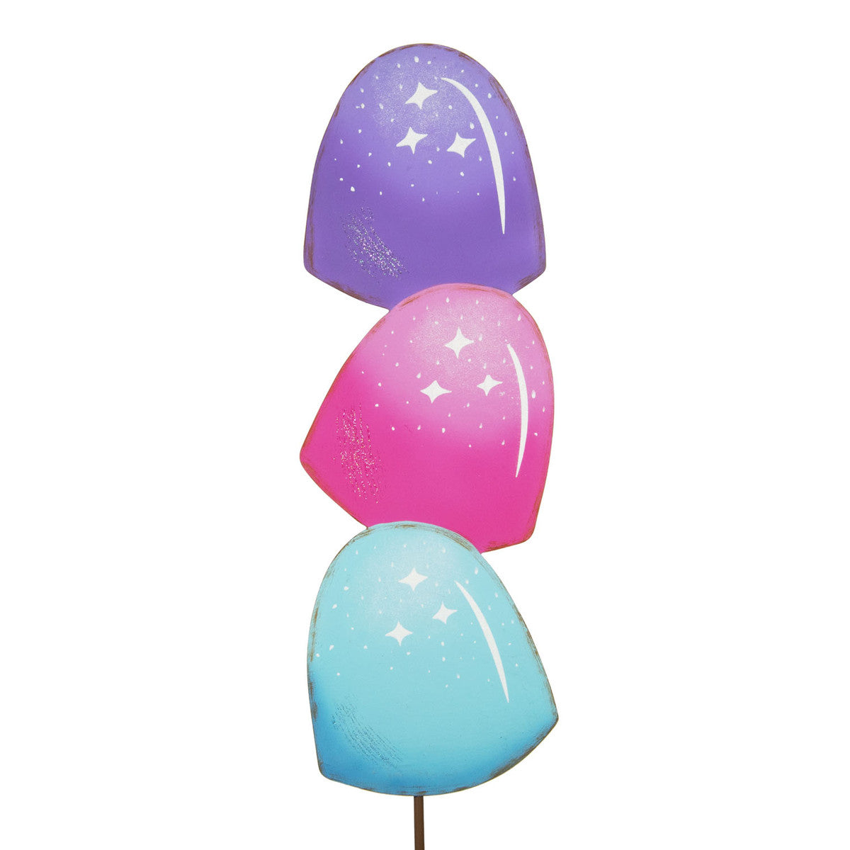 Three stacked, glittery gumdrop-shaped garden stakes in purple, pink, and blue with star accents.
