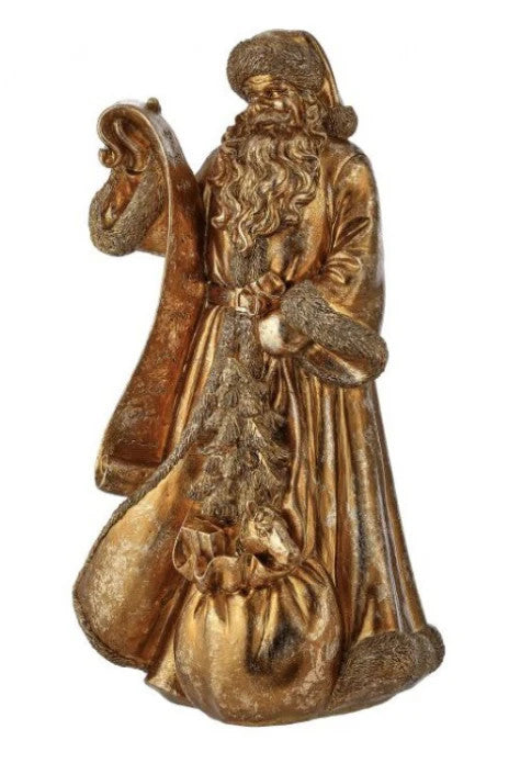 15.5-inch resin gilded Santa figurine holding a list and standing next to a toy sack.