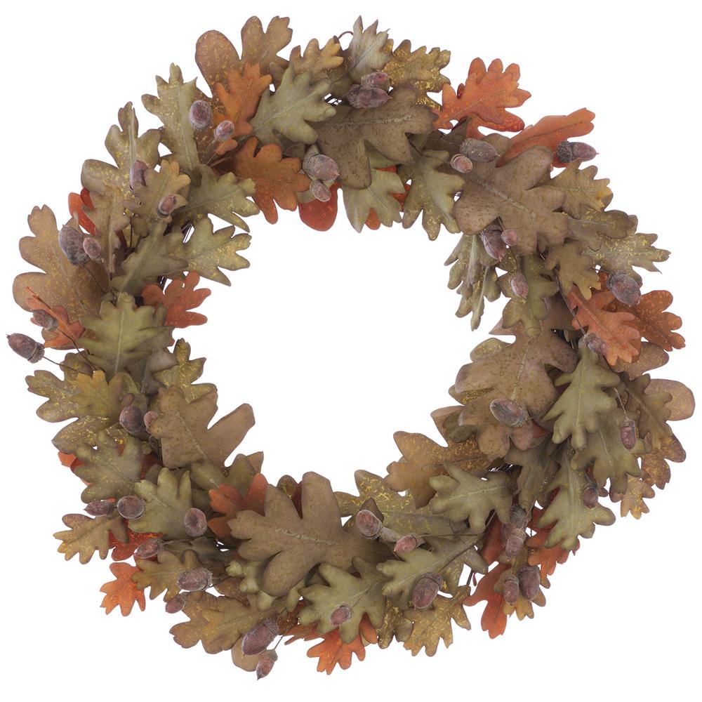26-inch wreath featuring brown and green polyester oak leaves and small acorns.