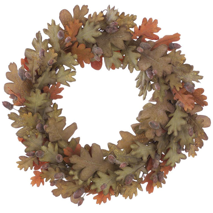 26-inch wreath featuring brown and green polyester oak leaves and small acorns.