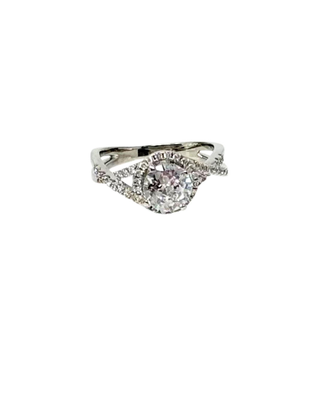 Fashion Statement Ring with a round center stone, halo setting, and a pavé-set crisscross band.