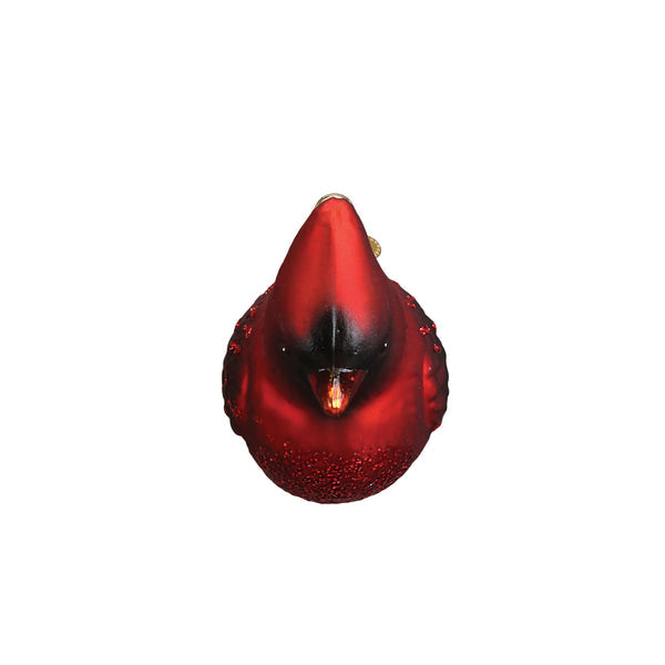Glass Northern Cardinal Christmas tree ornament with red body, black mask, and gold beak.