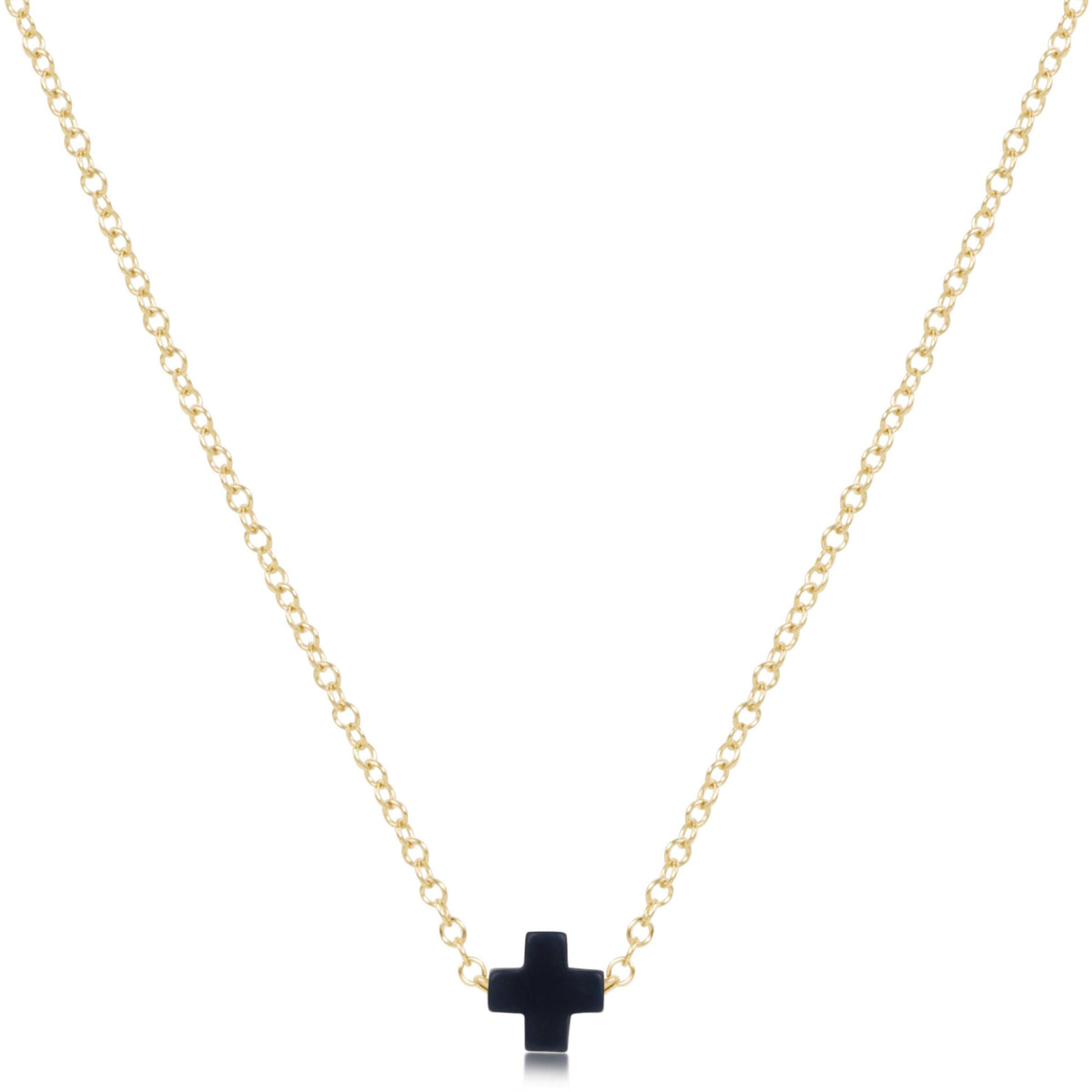 16-inch 14kt gold-filled chain necklace featuring a small black signature cross pendant.