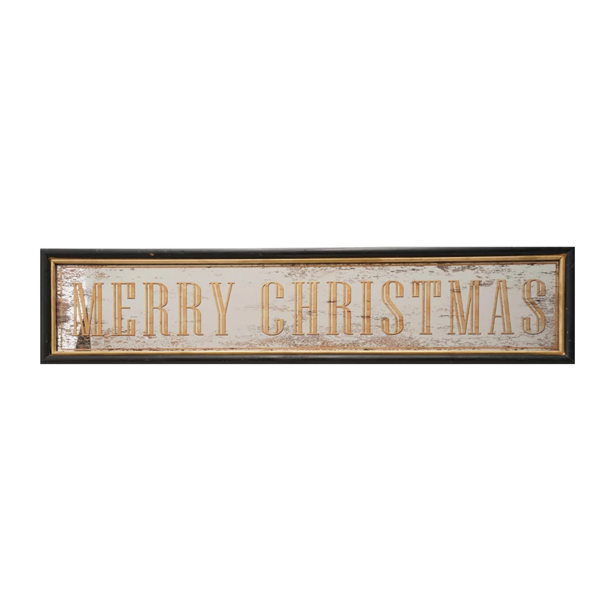 MDF wall décor featuring an antiqued mirror with gold 'Merry Christmas' text in a black frame.