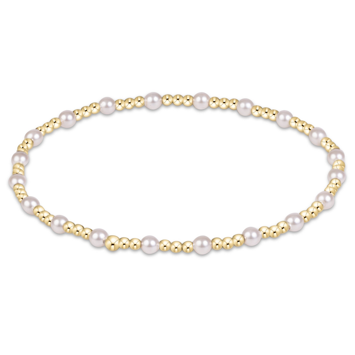 Sincerity Pearl 3mm Bracelet featuring 14kt gold-filled beads and white pearl crystals.