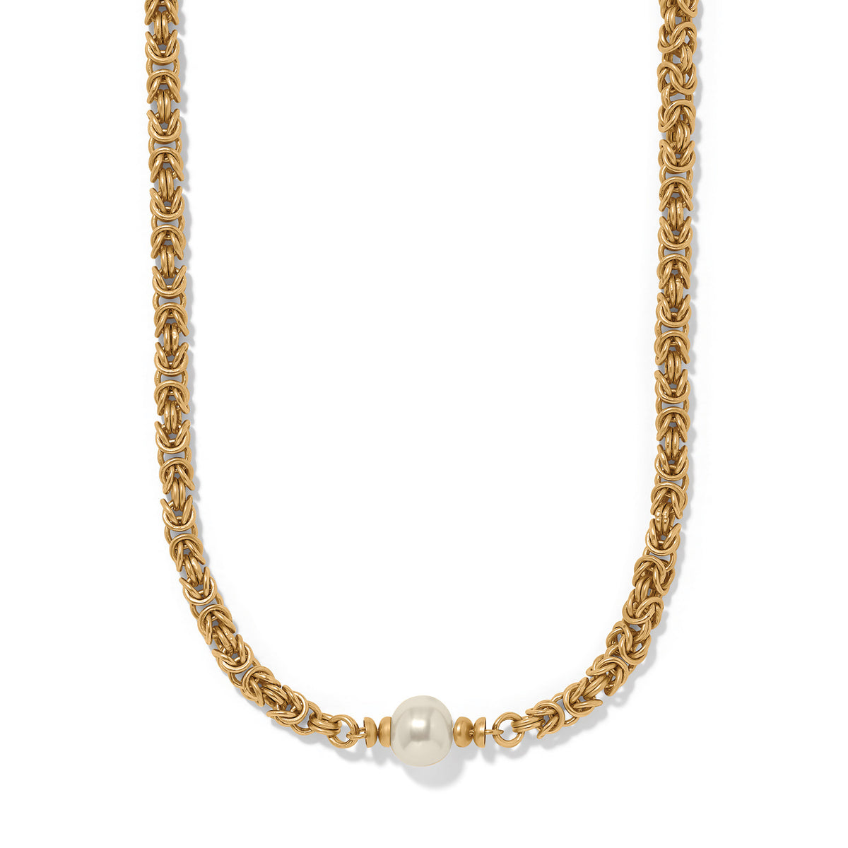 Gold Byzantine chain short necklace featuring a single white pearl centerpiece.