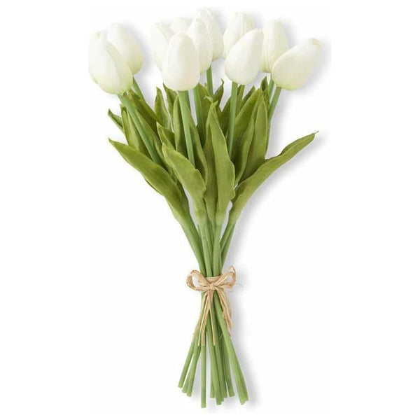 Bundle of three black polyurethane mini tulips with green leaves on a wooden stand.