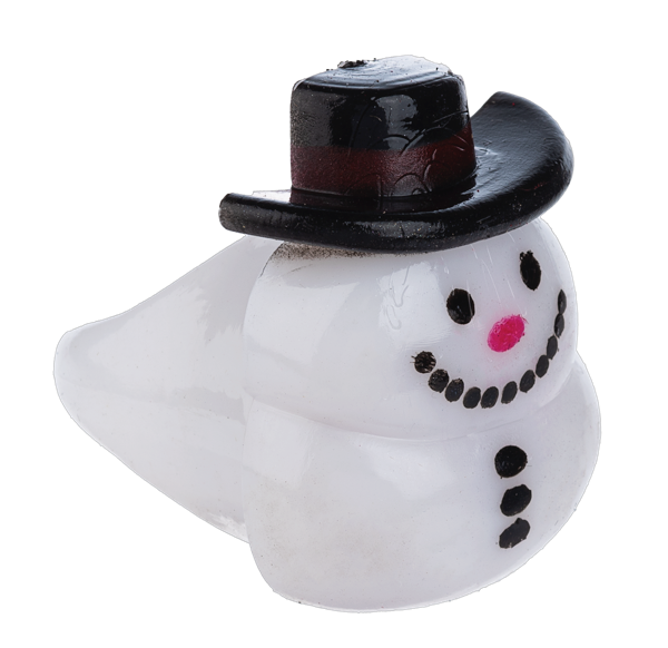 Flashing snowman ring featuring a white body, black top hat, and a smiling face with a pink nose.