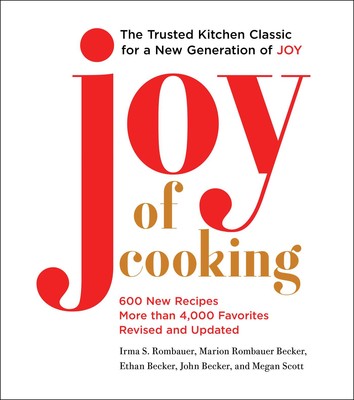 Book cover of Joy of Cooking by Irma S. Rombauer, featuring red and gold typography on white.