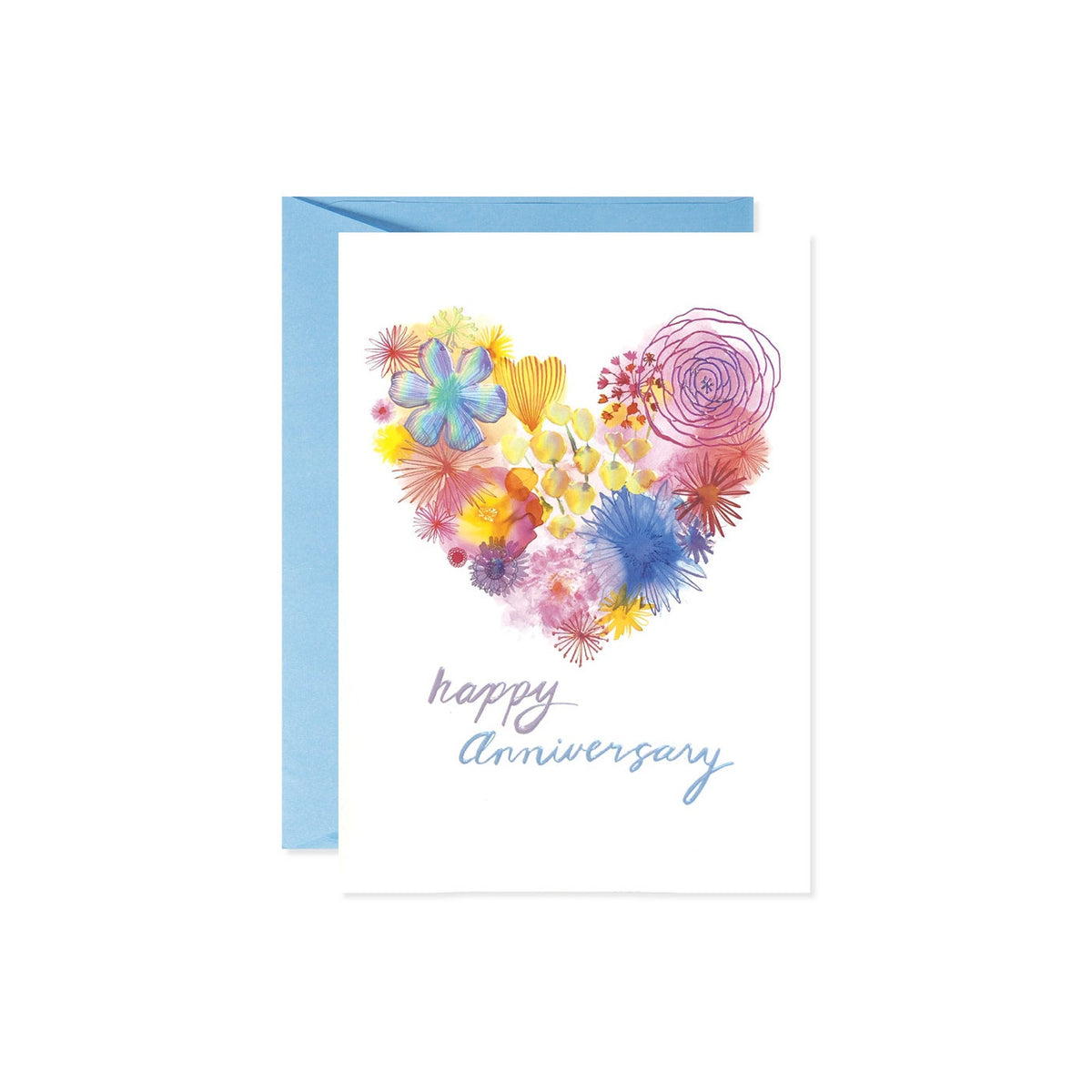 Floral heart anniversary card with botanical illustrations on cream paper