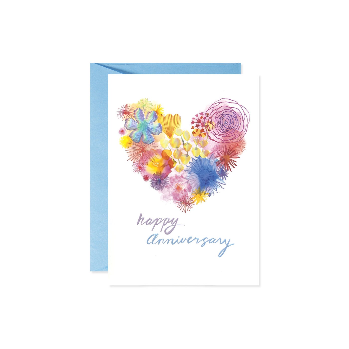 Floral heart anniversary card with botanical illustrations on cream paper