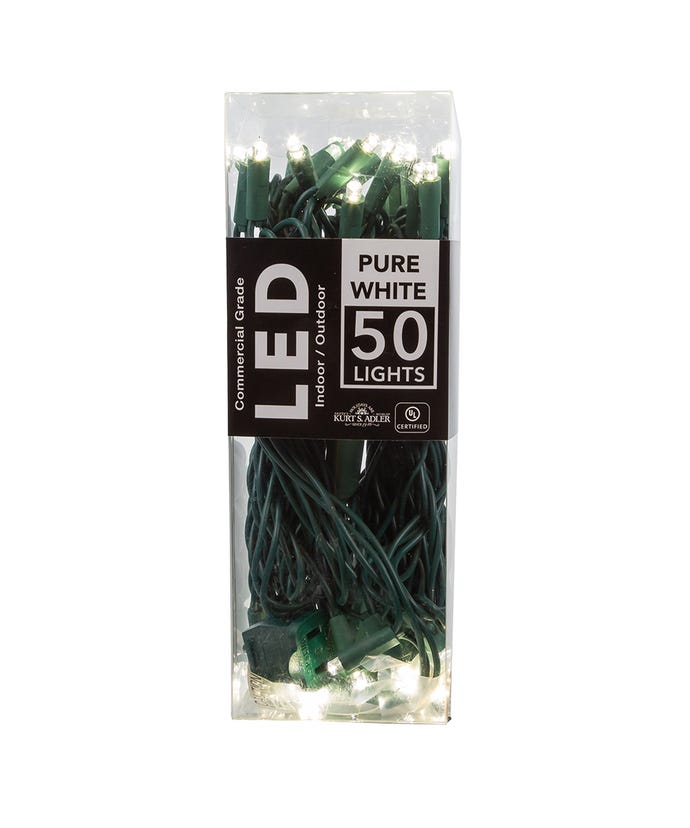 25.5' UL 50-Light Pure White 5MM LED Green Wire Light in clear packaging.