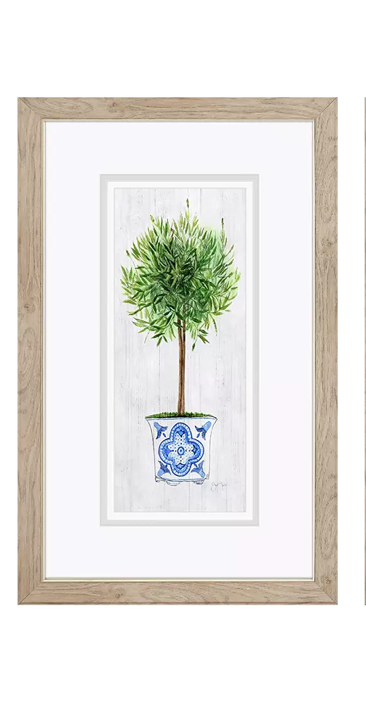 Rosemary Thyme botanical watercolor art in a blue and white pot, framed in light wood with matting.