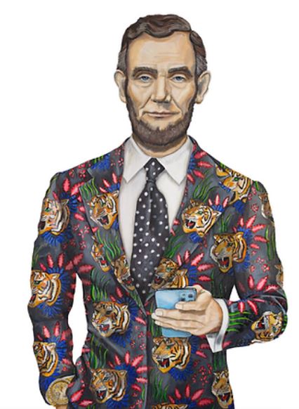 Abraham Lincoln in a suit with a tiger and floral pattern, holding a smartphone.