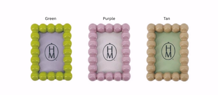 Three rectangle resin frame magnets with bubble borders in green, purple, and tan colors.