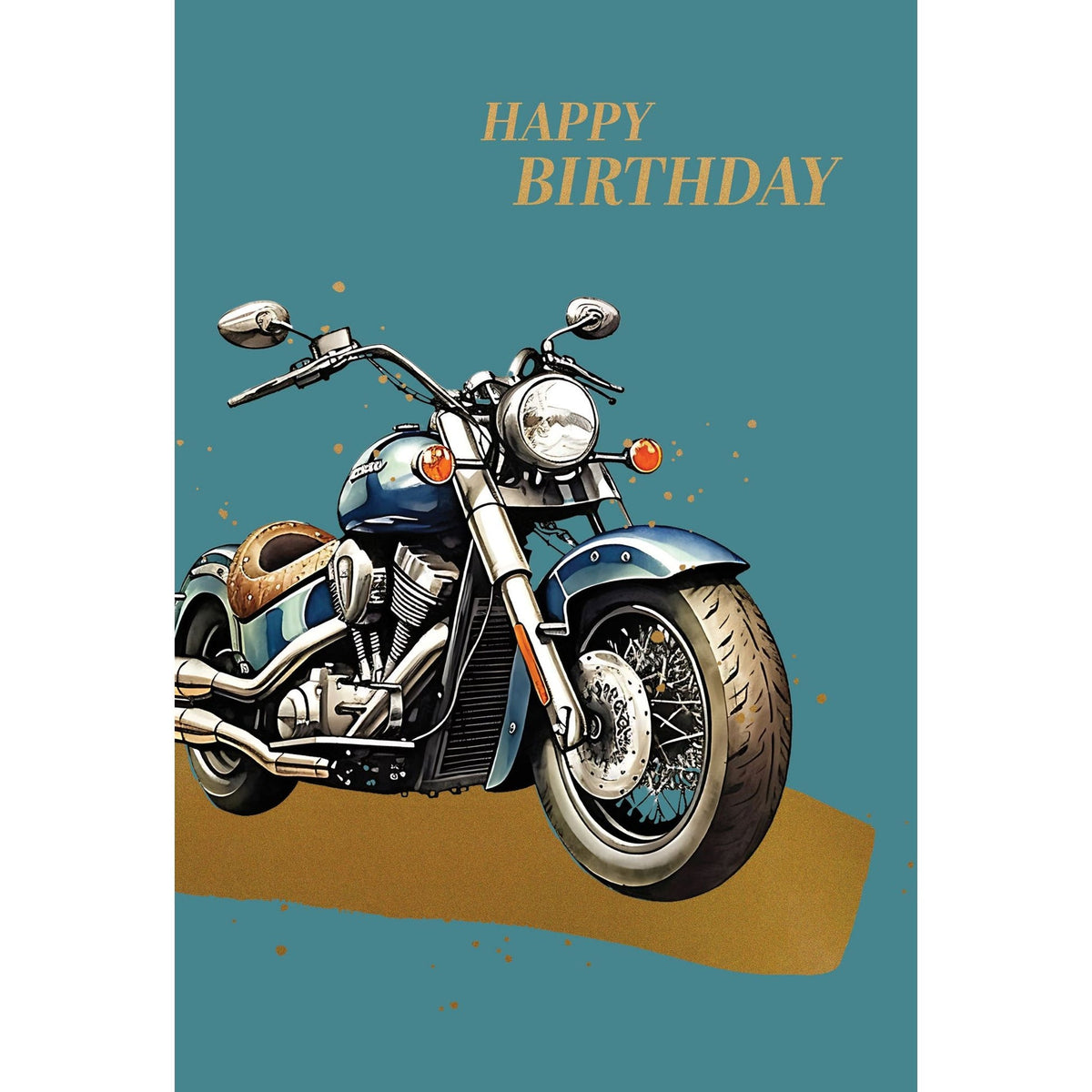 Birthday foil card with 'BD For Him Motorcycle' text outside and a message about endless possibilities inside.