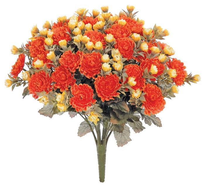 15-inch artificial mini mum bush with vibrant orange and yellow blooms and green foliage.